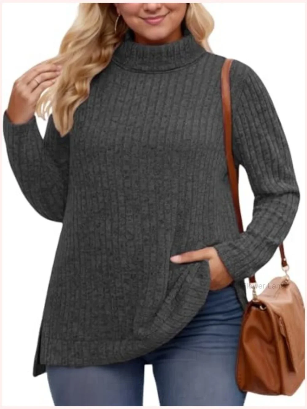 Plus Size Turtleneck Lightweight Sweater Womens Tunic Side Split Long Sleeve